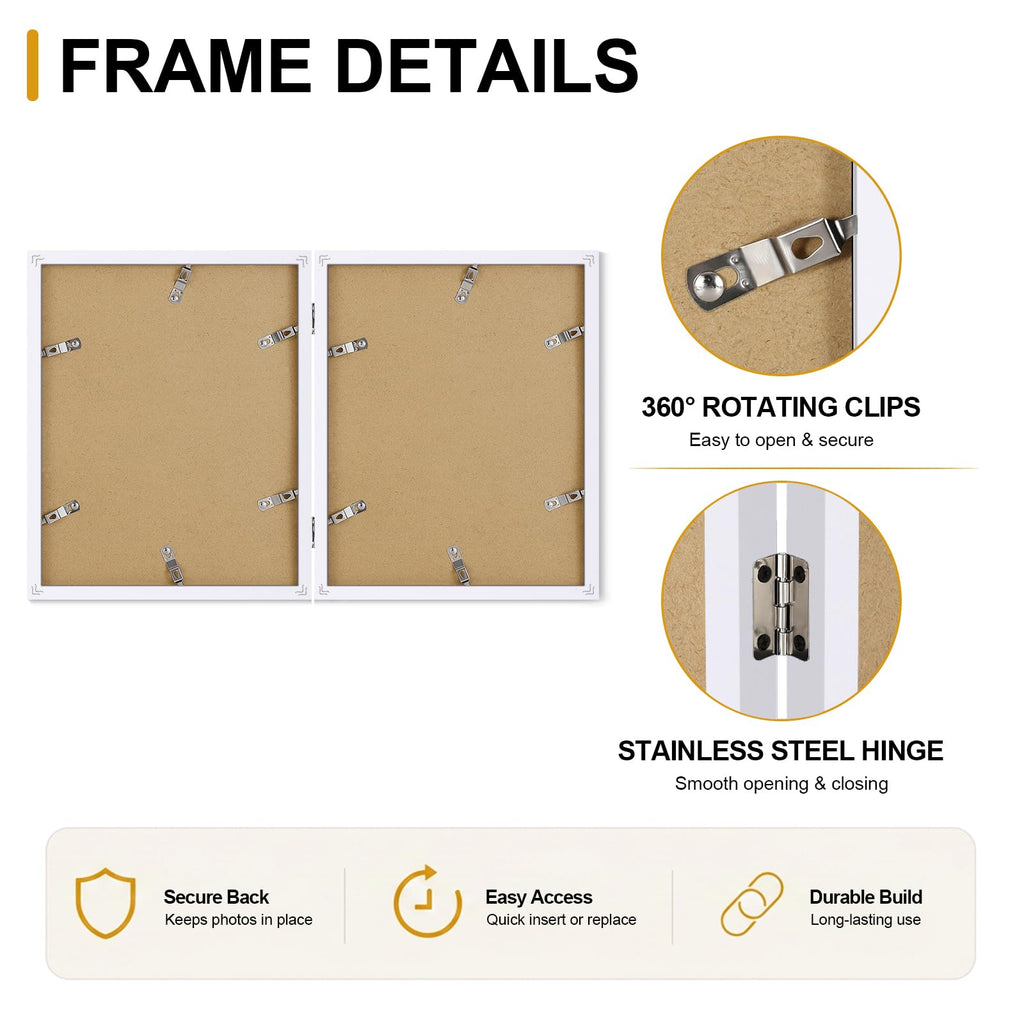 8x10 Double Picture Frames, Hinged Frame with Tempered Glass