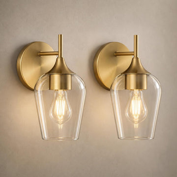 Gold Sconces Wall Lighting Set of 2, Bathroom Wall Lighting Fixtures Brass, Modern and Vintage Wall Lights with Clear