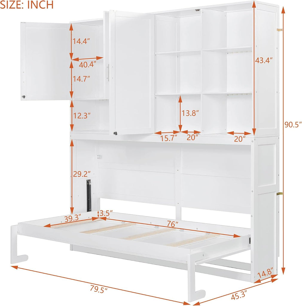 Twin Murphy Bed with Storage Bookcase and Shelves, Space-Saving Horizontal Wall Bed with LED Light & Charging
