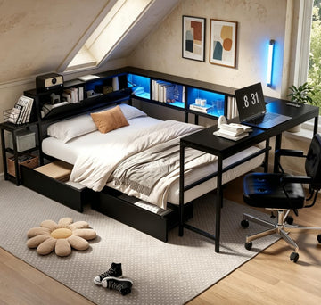 Twin Corner Bed Frame with Desk and Storage, Twin Size cornner Bed with Charging Station and LED Light, Wood Daybeds