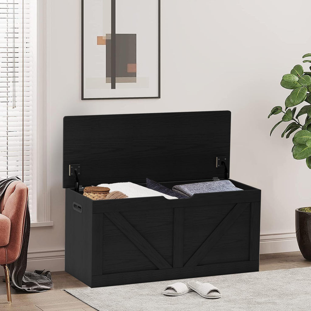 39.4" Storage Chest, Wooden Storage Bench, Large Storage Trunk | Entryway Shoes Bench with 2 Safety Hinges, Black