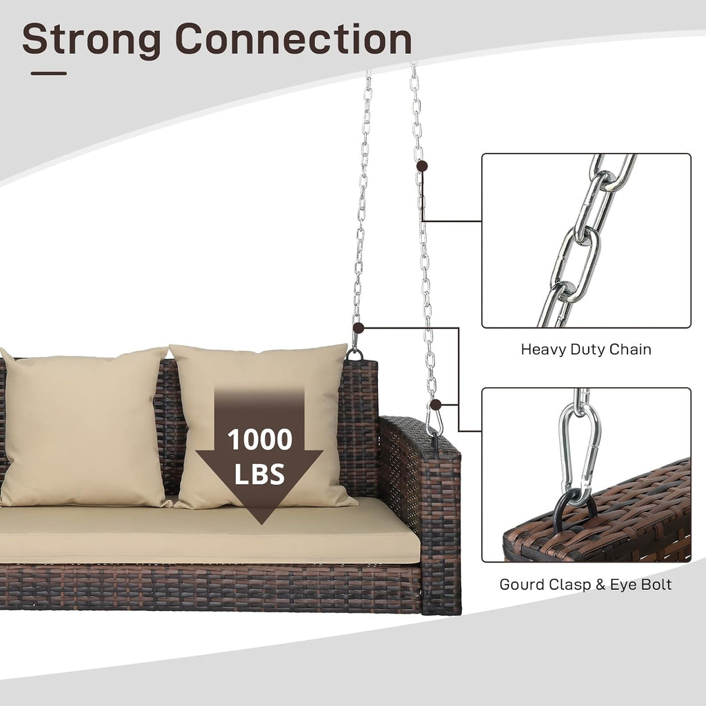 5FT Wicker 3 Person Porch Swing with Cushions, Pillows and Chains | Hanging outdoor swing supports 1000 lbs