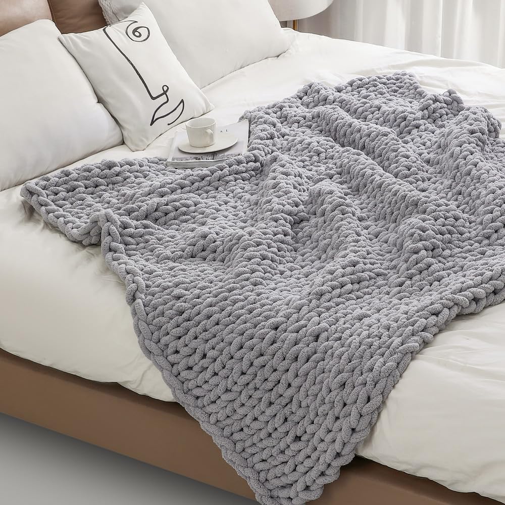 Chunky Knit Blanket Throw 40"×40", Hand Knitted Warm Chenille Throw Blanket, Home Decor Soft Thick Yarn Cable Knit