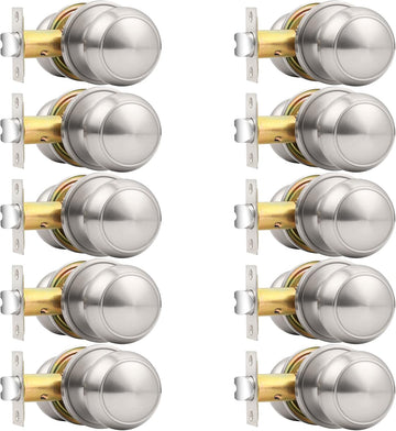 Brushed Nickel Door Knobs Interior, Passage Door Knobs Closet, Non-Locking Interior Door Knob, 10 Pack