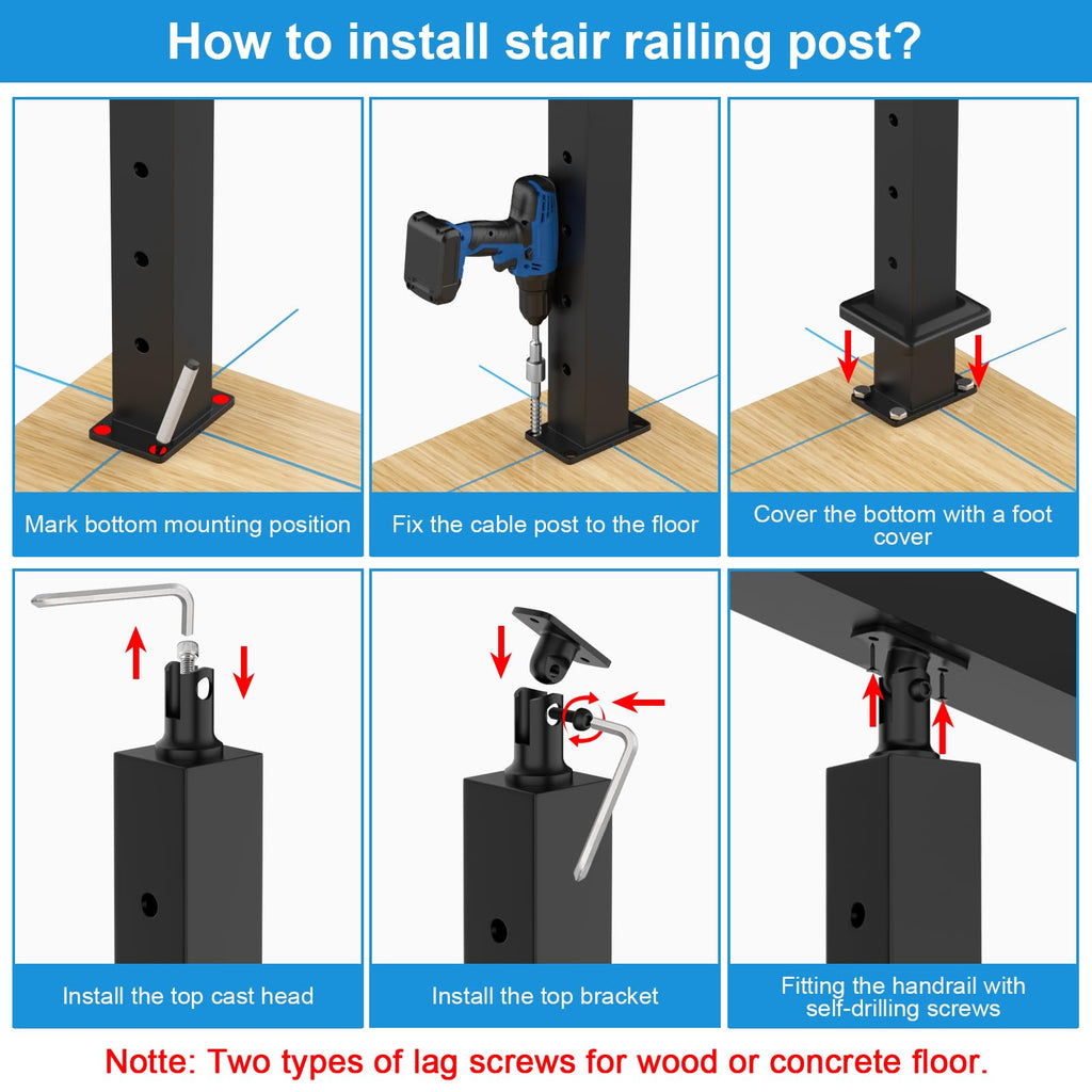 36" Stair Cable Railing Post for 25-35° Stairs, Surface Mount Adjustable Top Stair Post, Cable Railing Kits for Deck