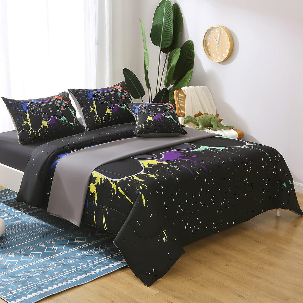 Gamer Comforter Sets for Boys&Girls,6 Piece Bed in A Bag 3D Video Game Bedding-All Season Microfiber Gamer
