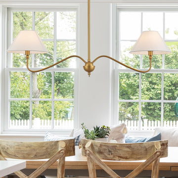 Modern Gold Linear Chandelier for Kitchen Island, 2-Light Linear Light Fixture with Off-White Fabric Shade, Rustic