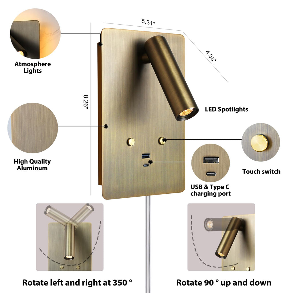 Wall Mounted Reading Light Set of 2,Dimmable Adjustable Headboard Plug in Wall Sconce with USB A+C Ports,Touch