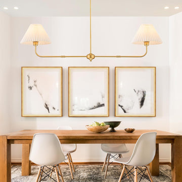 2-Light Gold Linear Chandelier with White Fabric Shade | 55" Modern Dining Room Light Fixture, Kitchen Island