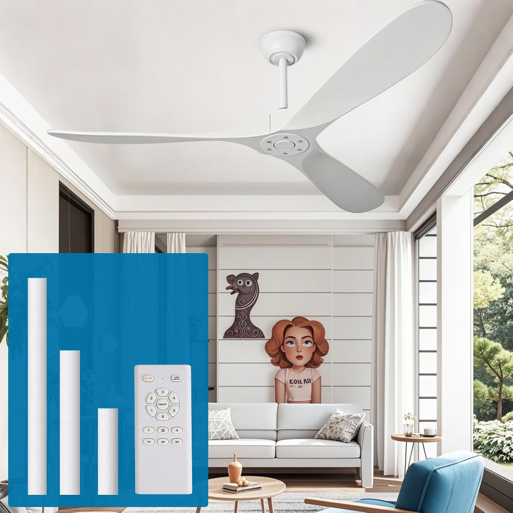Inspired Maverick Style 72" White Wood Ceiling Fan with Solid Wood Blades,Indoor/Outdoor 3-Blade DC Motor Ceiling Fans,Remote Control,6-Speed Silent Reversible Motor,Rustic Wooden Ceiling Fan for Patio,Living Room,Bedroom