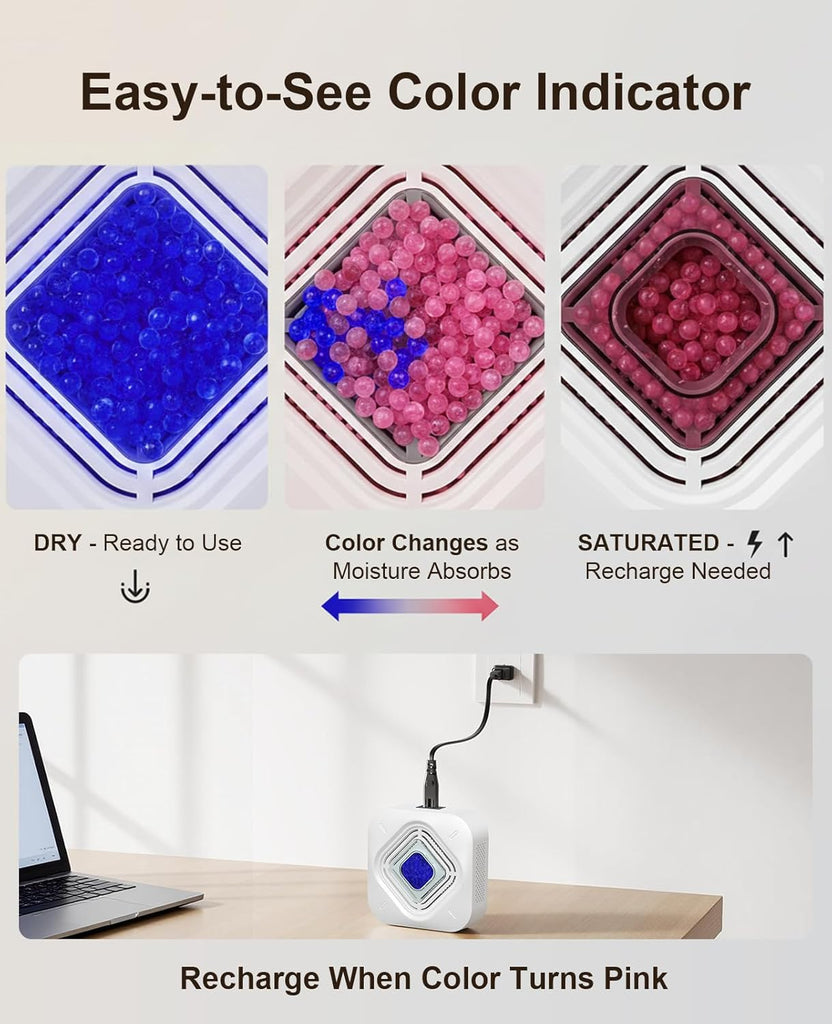 Dehumidifier for Bathroom with Color-Changing Beads, Rechargeable Small Dehumidifier for Closet