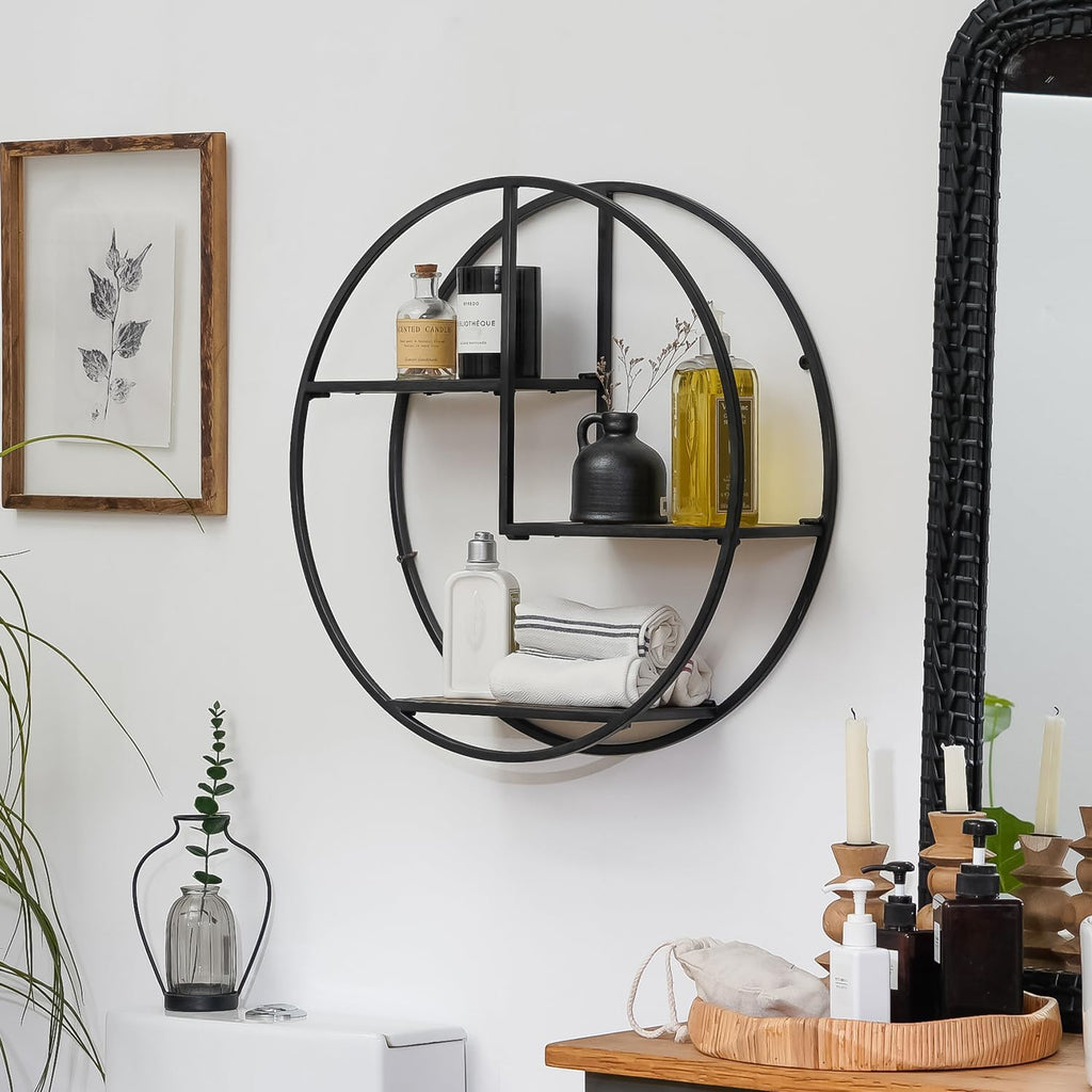 3 Tier Industrial Style Foldable Circle Wall Shelves | 21" x 21", no assembly required, foldable wall mounted shelves