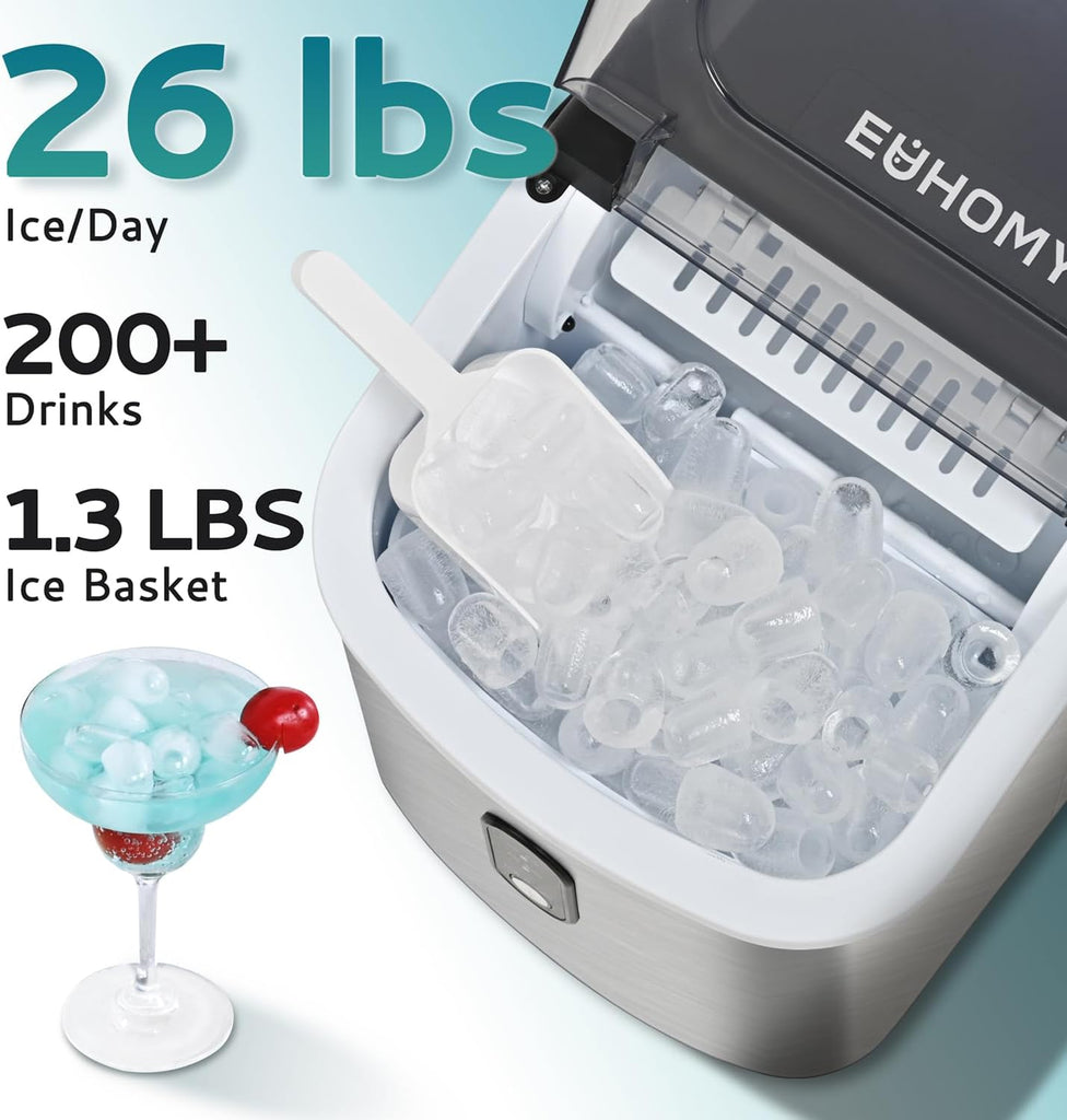 Ice Maker Countertop, Portable Ice Machine with Carry Handle, 26.5lbs Per Day, 9 Cubes in 6 Mins, Auto-Cleaning