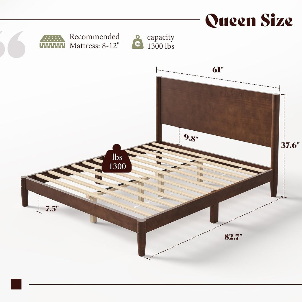 Solid Wood Queen Bed Frame, Mid Century Modern Platform Bed with Full Panel Headboard, Wooden Bed with Cylindrical