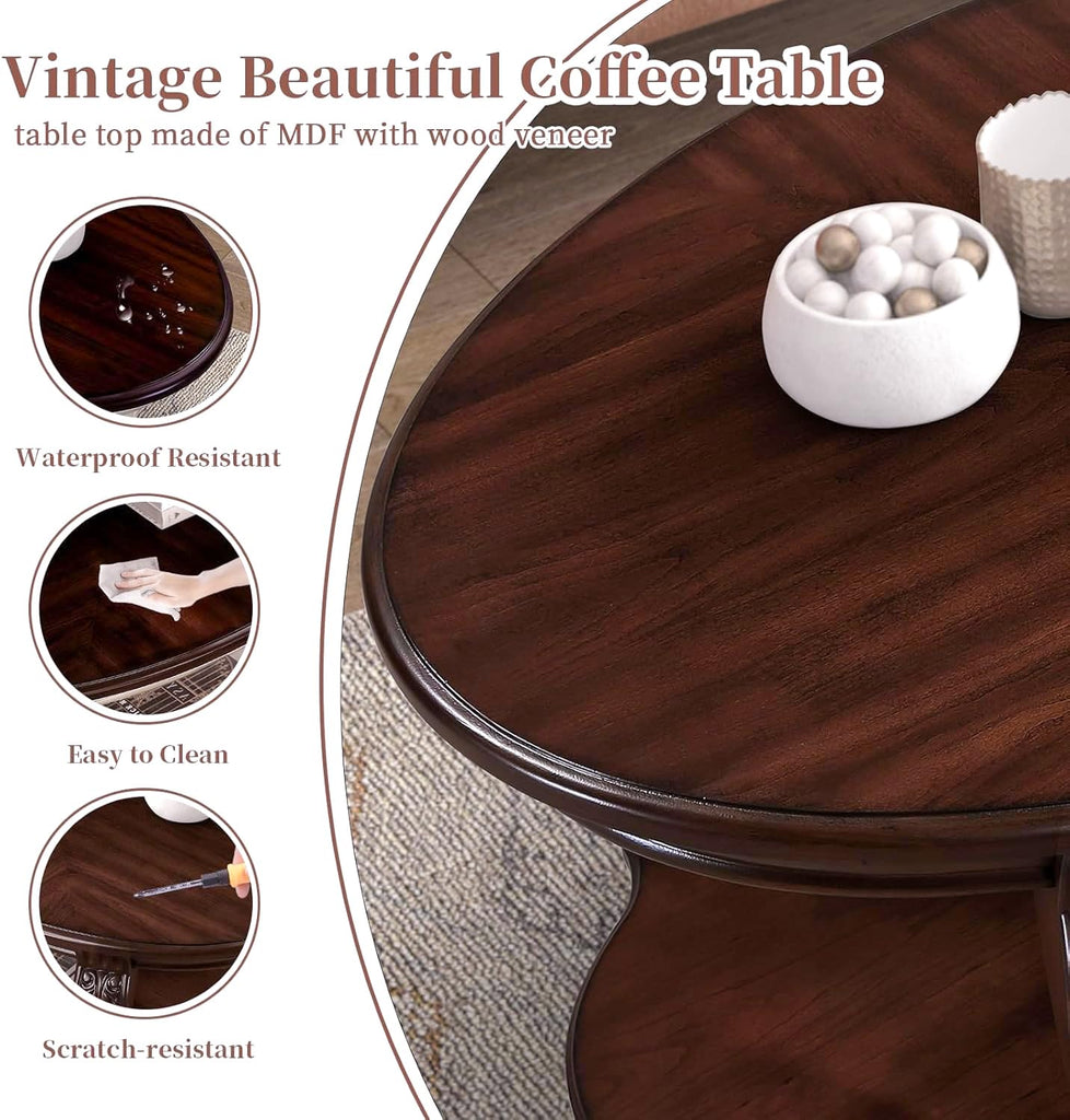 42" Vintage Oval Coffee Table, 2 Tier with Storage Shelf, Cherry
