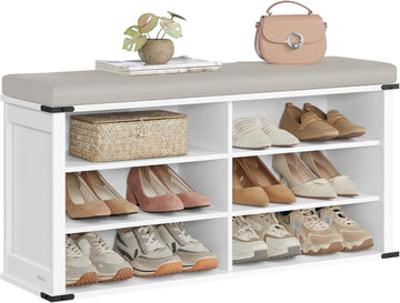 Shoe Storage Bench with Removable Cushion, Shoe Rack with Padded Seat, Entryway Bench with 6 Open