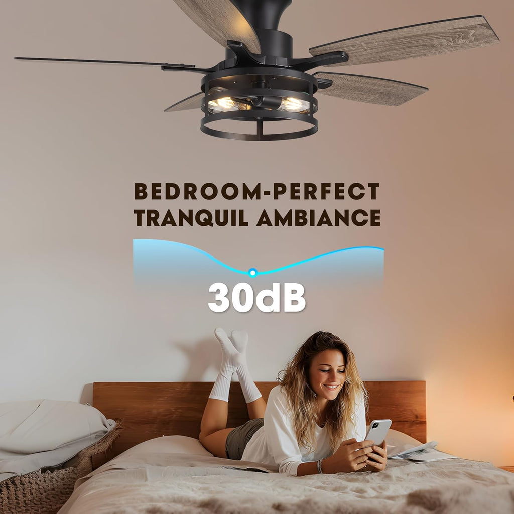 42 Inch Flush Mount Ceiling Fans with Lights and Remote Control, Farmhouse Ceiling Fan with LED Lighting