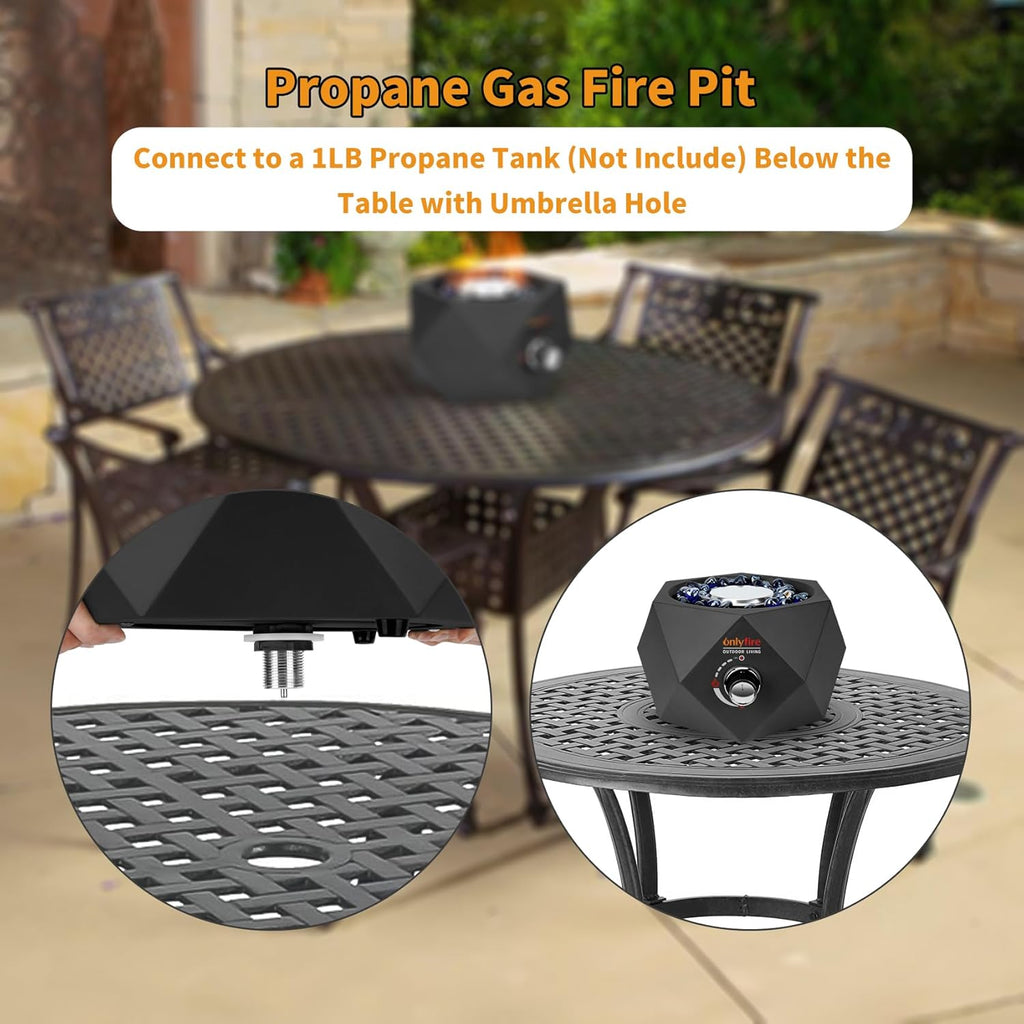 14” Modern Tabletop Fire Pit for Table with Umbrella Hole, Portable Gas Firepit for 1lb Propane Gas