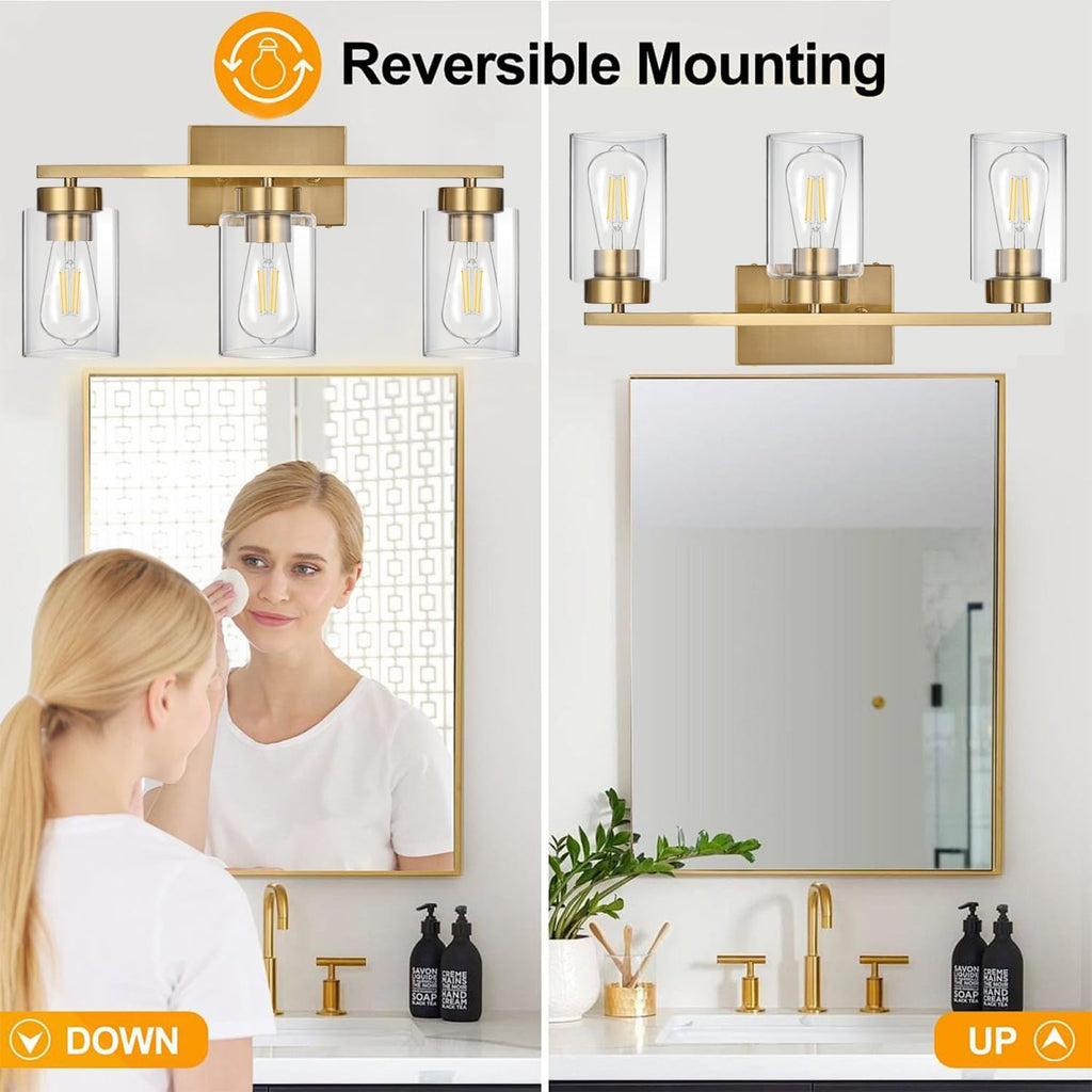 3-Light Bathroom Vanity Light, Modern Brushed Gold Wall Lights with Clear Glass Shades, Bathroom Wall Sconce Lamp for