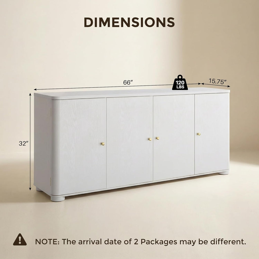 Curved Buffet Cabinet with Doors, 66" Large Sideboard Buffet Storage Cabinet with 4 Doors and Shleves