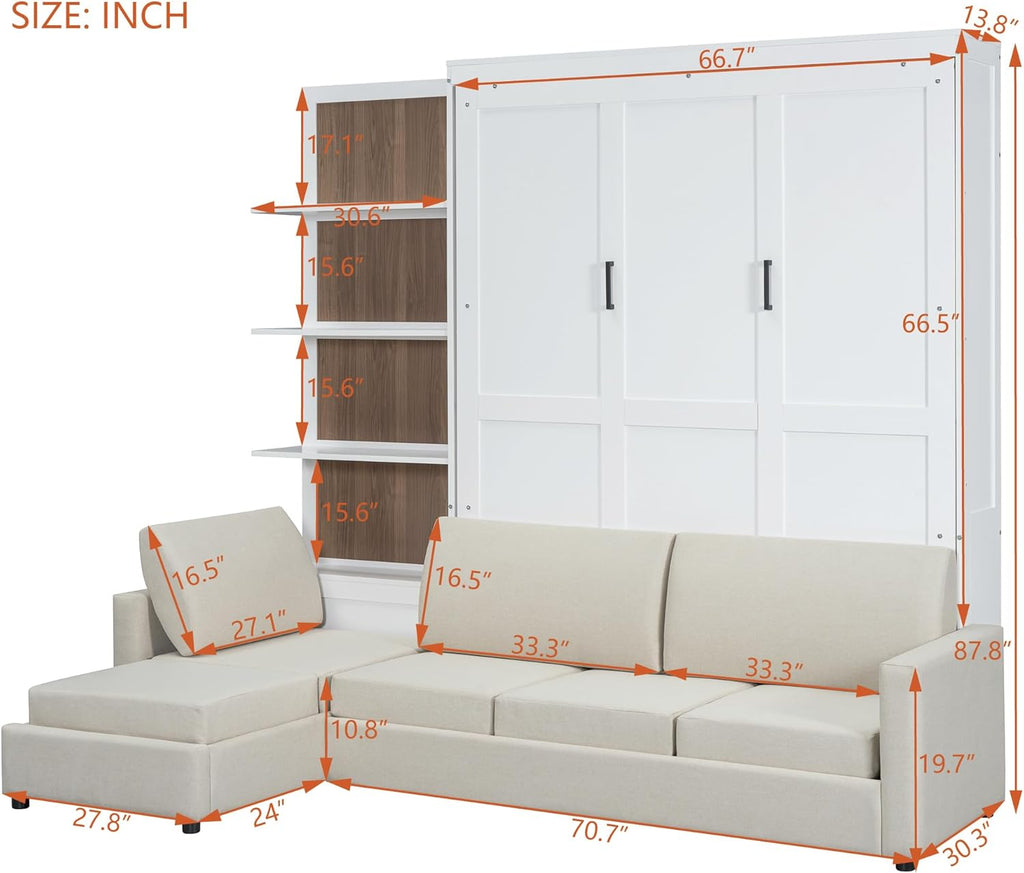 Queen Murphy Bed, Wood Queen Wall Bed with Sofa and Shelves, White