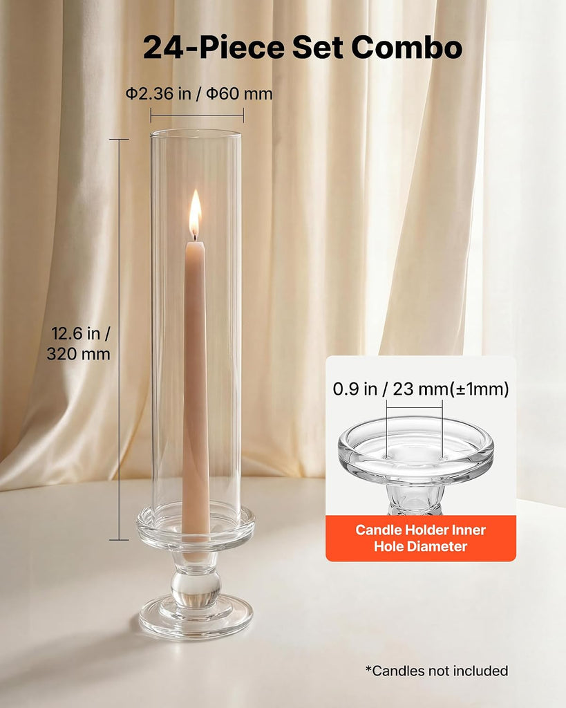 Hurricane Candle Holders Set of 24, 12.6 in Tall Clear Glass Taper Candle Holders, High Borosilicate Glass, 2.36 in