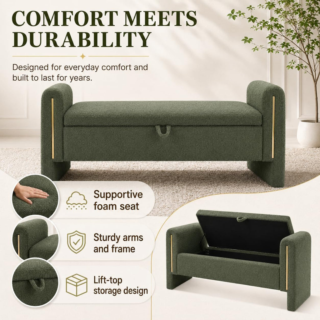 Modern 52" Storage Ottoman Bench, Upholstered End of Bed Storage Bench with Armrests, Entryway Bench, Teddy Foot Rest