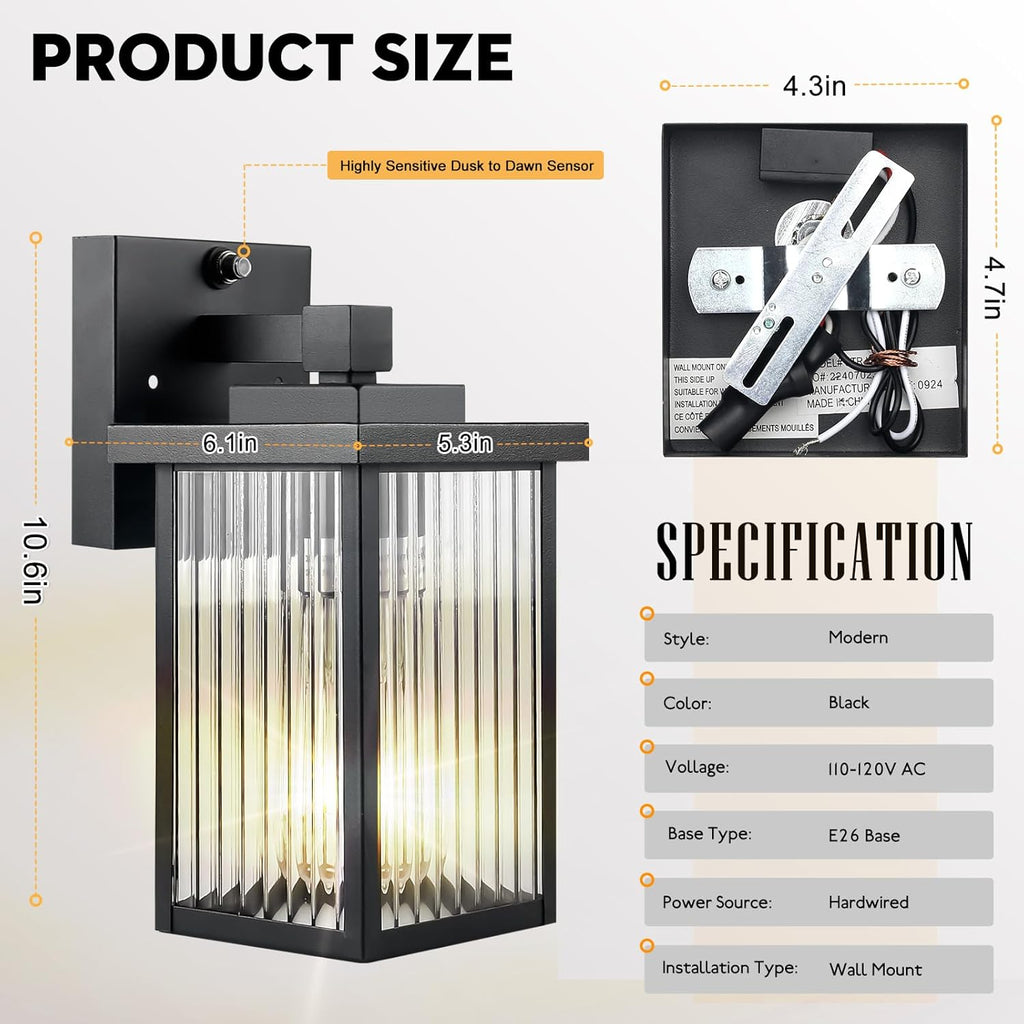 Dusk to Dawn Outdoor Wall Light Fixture, Waterproof Exterior Porch Light with Tempered Glass