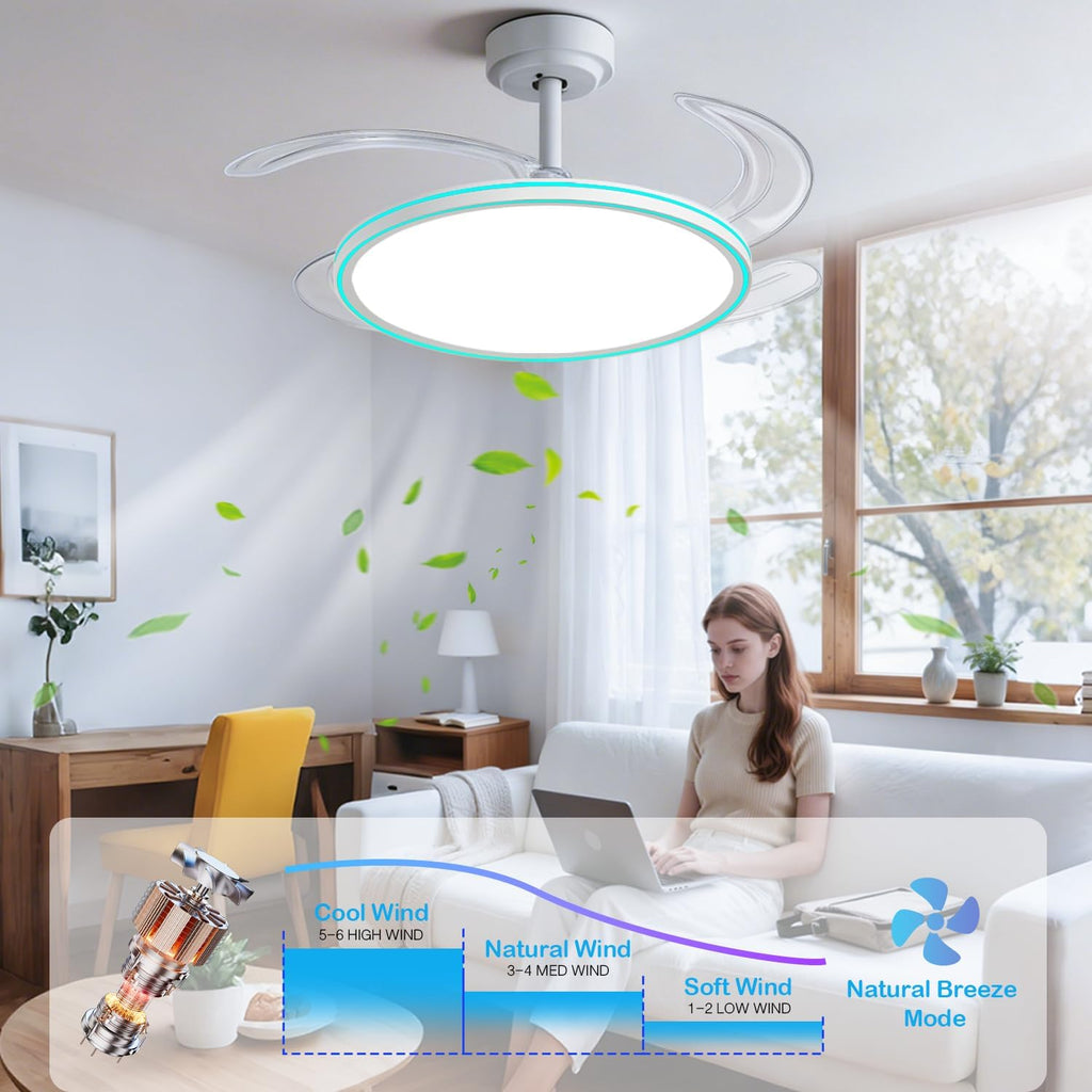 RGB Retractable Ceiling Fan with Light, APP/Remote Control