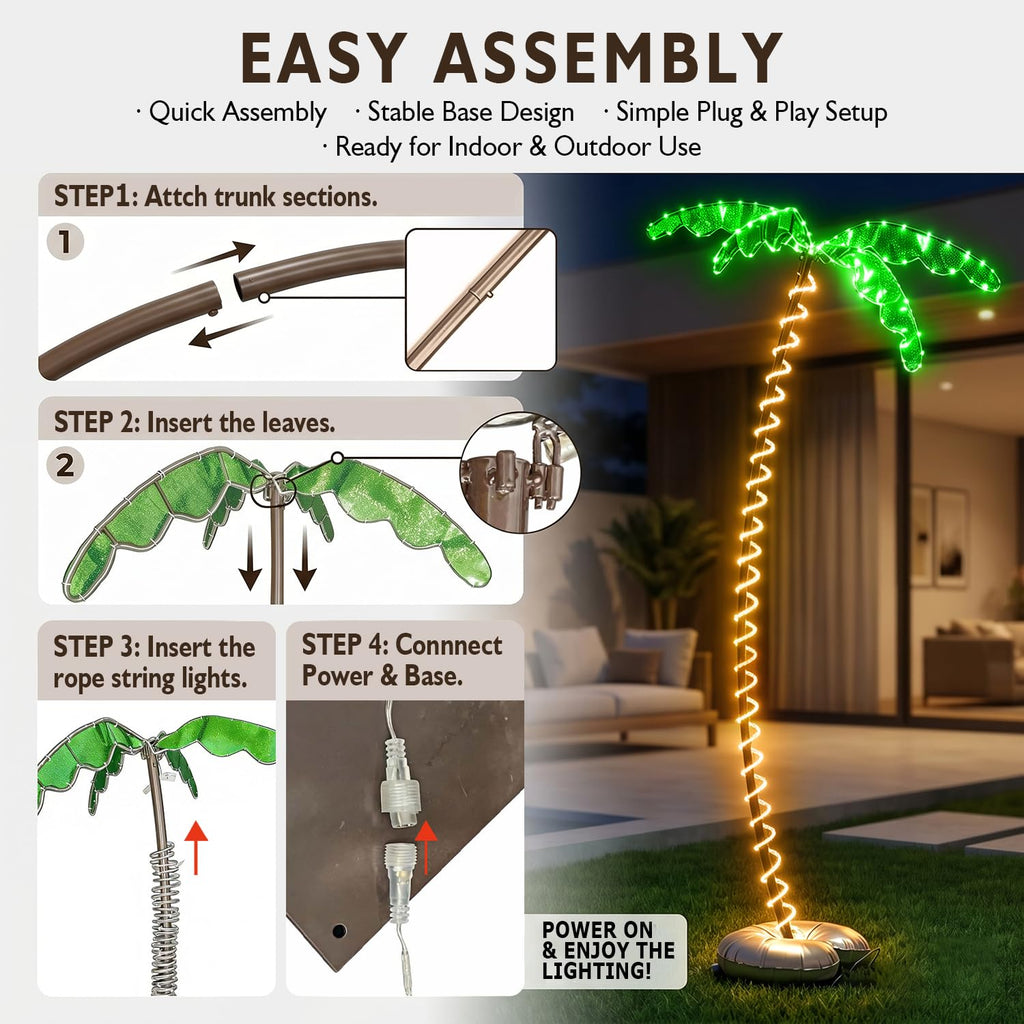 7FT Lighted Palm Tree for Outside Patio, APP & Remote Control Artificial Palm Tree with Metal Trunk and Rope LEDs