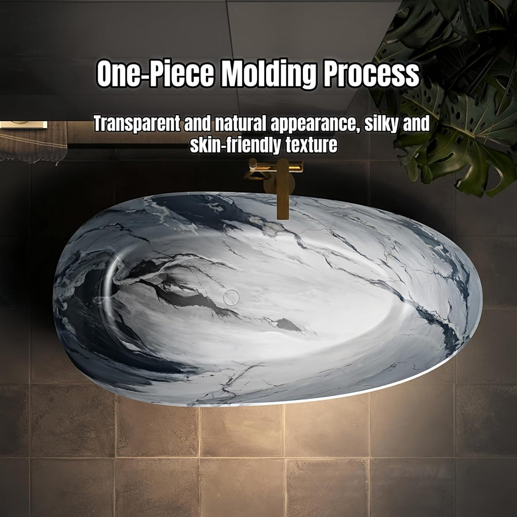 52" Edeyeu Freestanding Bathtub - Solid Surface Bathtub Soaker Tub with Marble Design, Extra Deep Freestanding Tub
