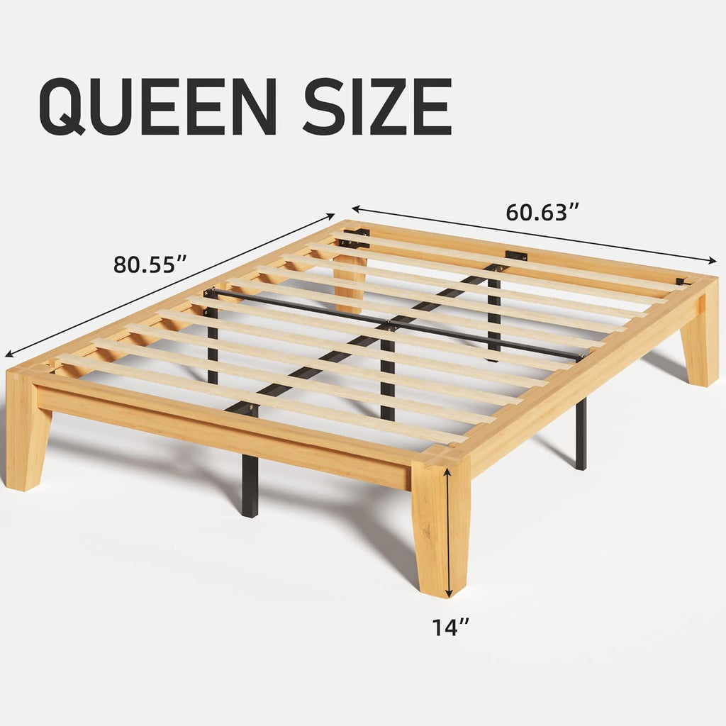 Wood Queen Platform Bed Frame, Premium Solid Wood, Sturdy Structure, 3.78" Thickened & 14" Height Legs, Easily