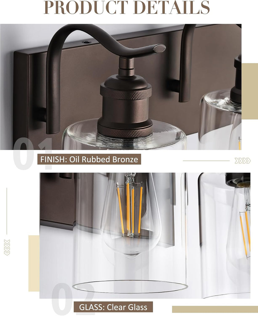 3-Light 20 Inch Bathroom Vanity Light,Clear Glass,Oil Rubbed Bronze | Over Mirror Wall Light,E26 sockets