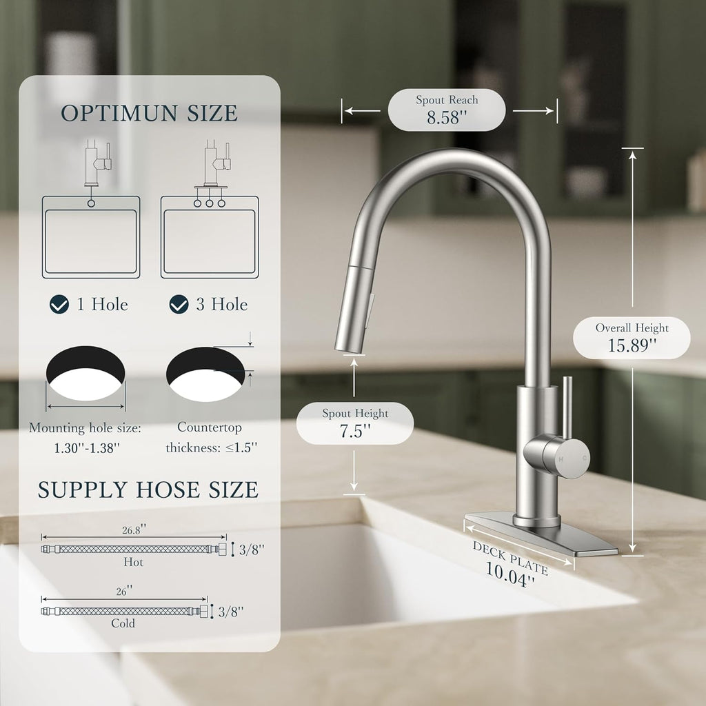 Kitchen Faucets with Pull Down Sprayer, Brushed Nickel Classic Single Handle Stainless Steel High Arc Faucet for Kitchen Sink, 1 Hole with Deck Plate Sink Faucet for Bar RV Farmhouse Laundry