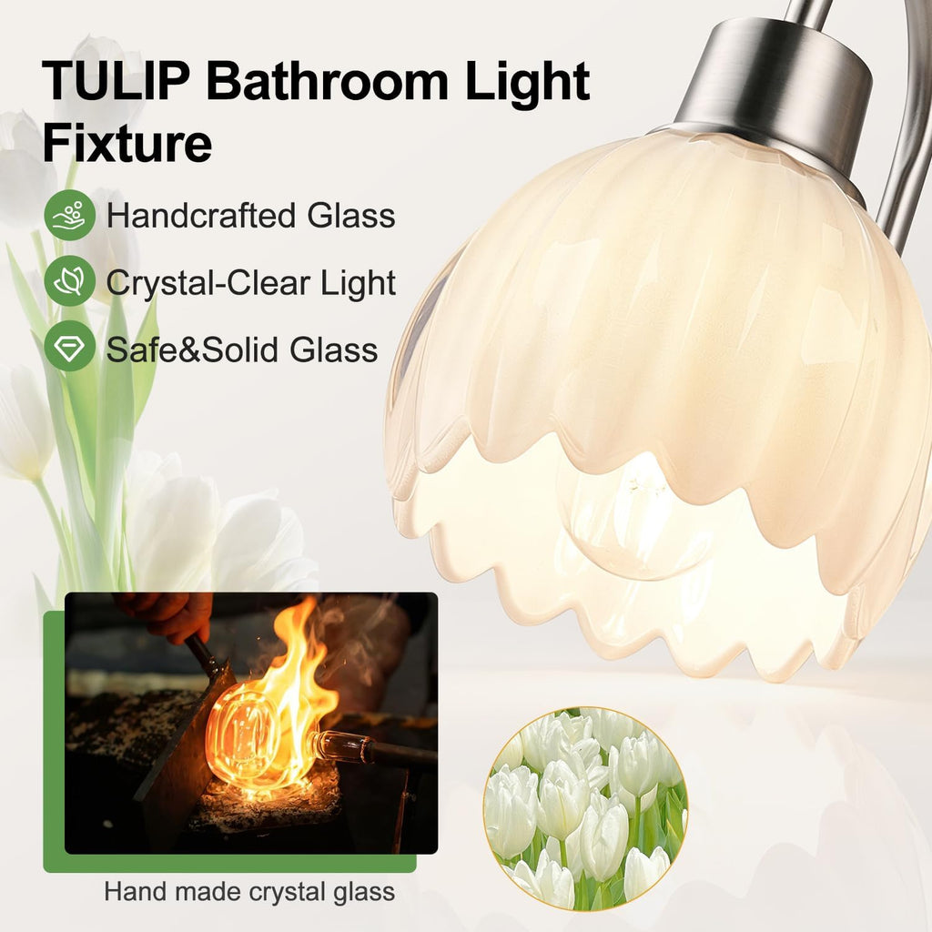 Bathroom Light Fixtures, 3-Light Brushed Nickel Bathroom Vanity Light Over Mirror with White Tulip Glass Shades