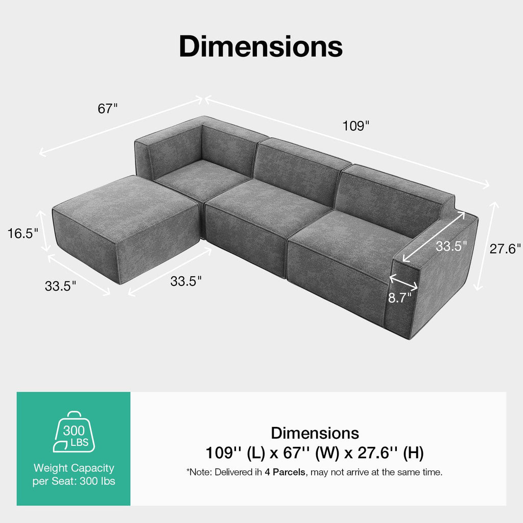 109" Modular Sectional Sofa, No Assembly Cloud Sectional Couch with Smarts Coil Support, Chenille Fabric L Shape