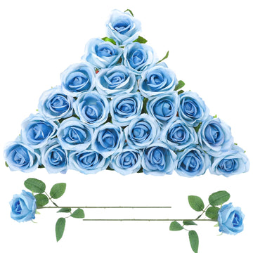 24 Pcs Sky Blue Rose Artificial Flowers with Long Stem