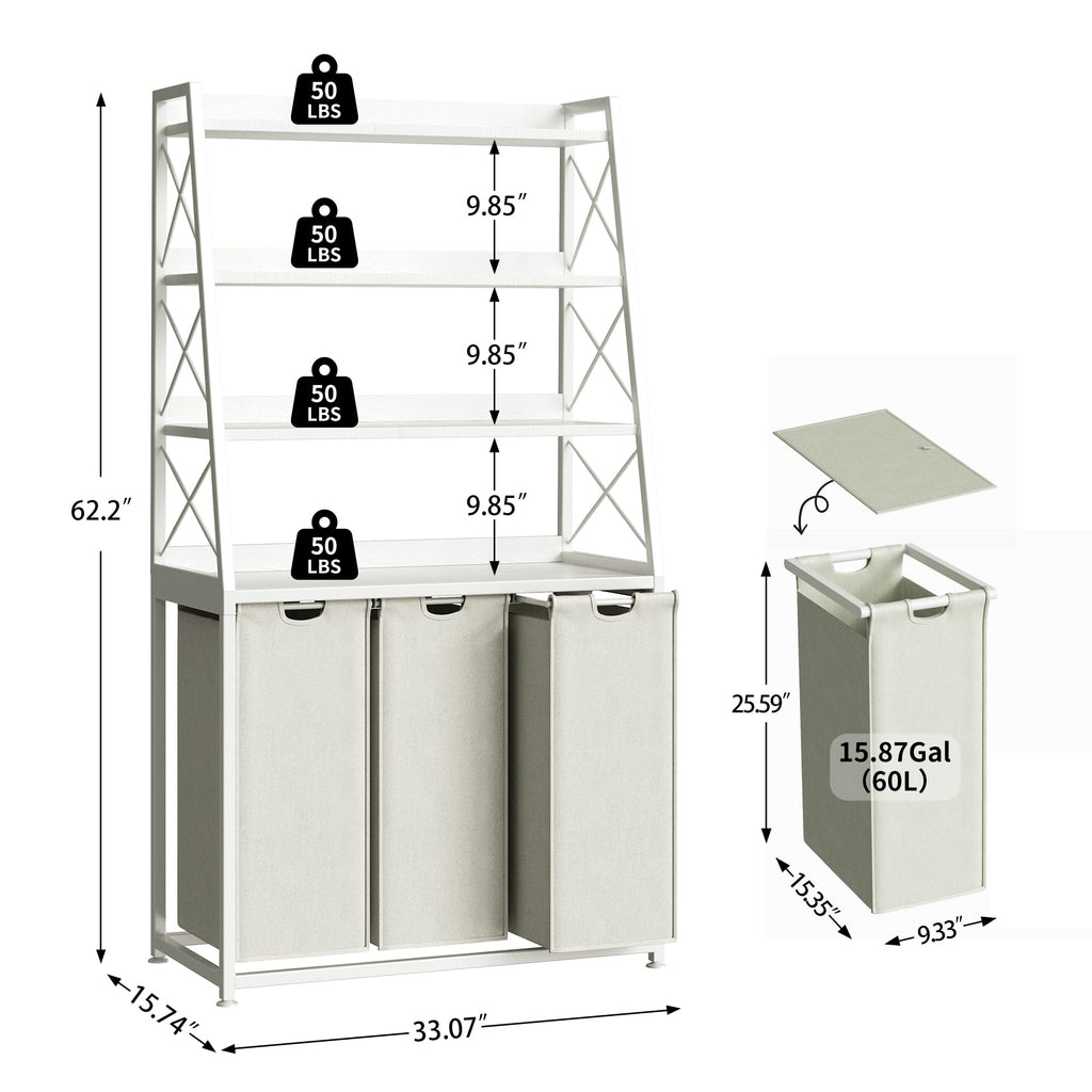 3 Section Laundry Hamper Laundry Basket with 4 Tiers Shelf