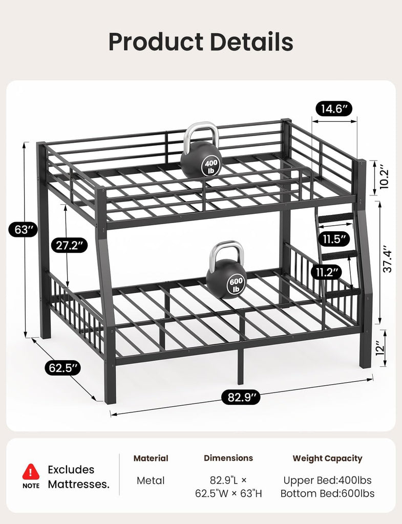 Full XL Over Queen Bunk Bed for Adults, Heavy Duty Metal Bed Frame with Full-Length Guardrails & Anti-Slip Ladder