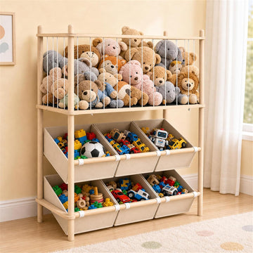 2-in-1 Stuffed Animal Storage & Toy Organizer for Kids Rooms, 6 Bins | Wooden stuffed animal and toy organizer with