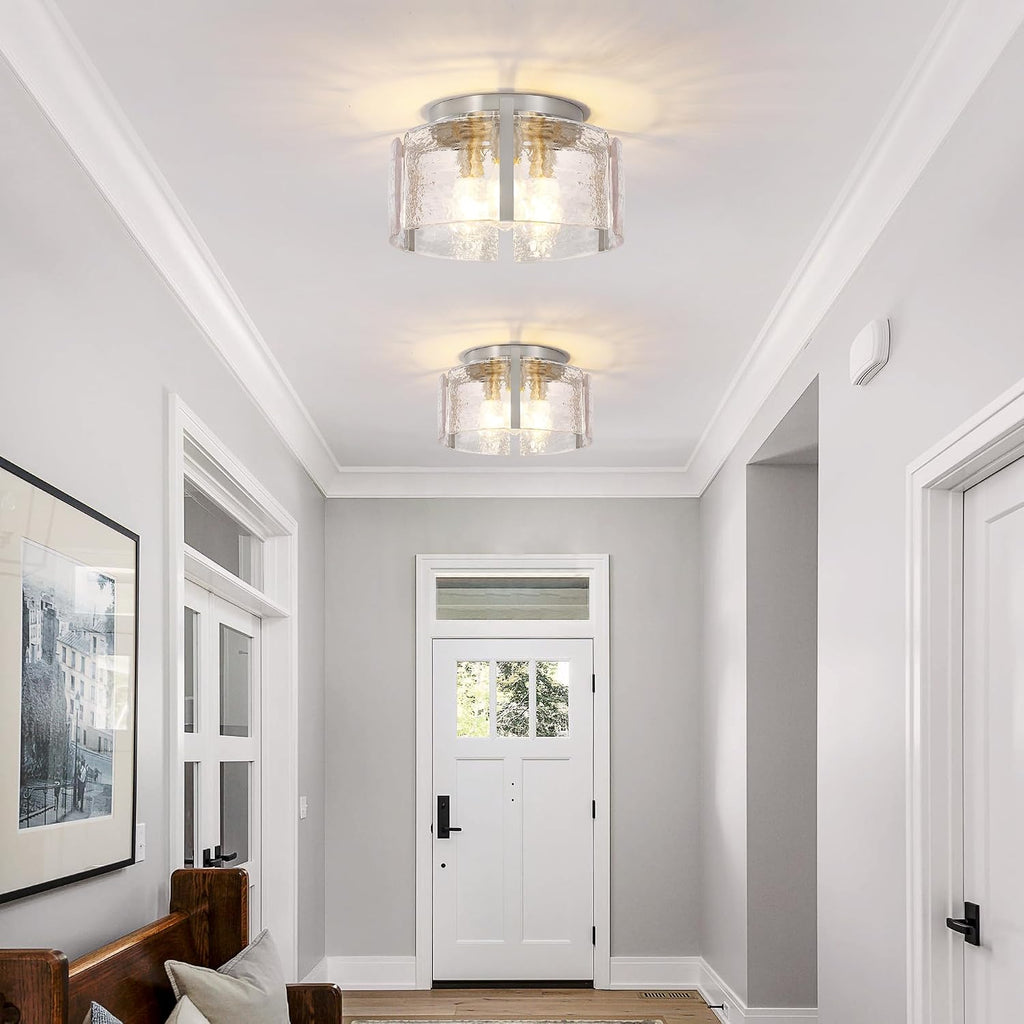 14" Modern Semi Flush Mount Ceiling Light, Brushed Nickel 3-Light Fixture with Glass Drum, Dimmable Hallway Lighting