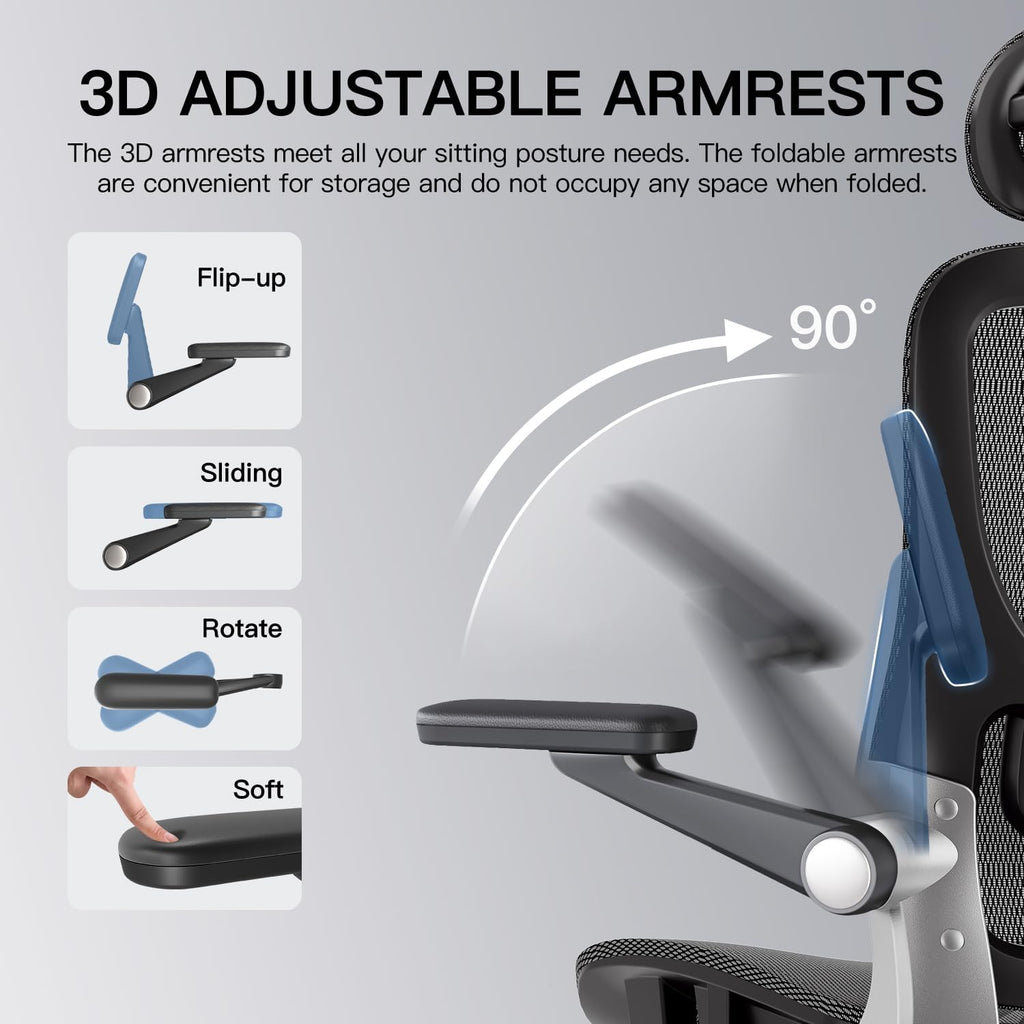 Ergonomic, Mesh Desk Chair with 3D Armrests, Adjustable Lumbar Support and Headrest, 90-120° Rocking Function, Black