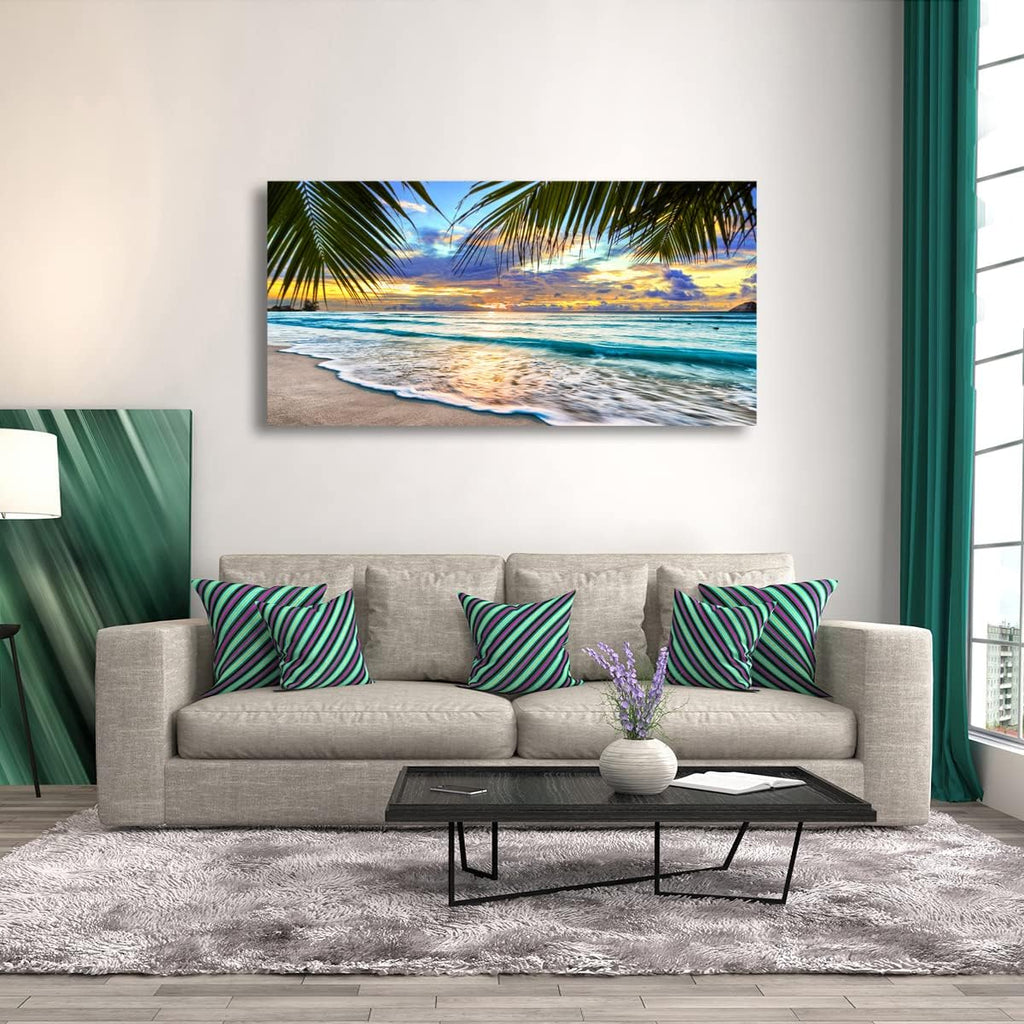 Beach Canvas Wall Art Seascape Theme Pictures Home Decor Blue Ocean White Wave Palm Tree Prints Paintings Bathroom