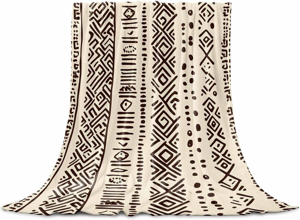 Boho Beige Throw Blanket Fleece Blanket, Vintage Tribe African Texture Soft Microfiber Fuzzy Cozy Lightweight Blankets
