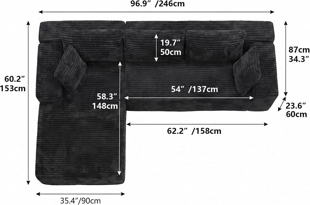 Boneless Modular Sectional Sofa, Cloud Couch with Left Facing Chaise, Oversized Deep Seat, L-Shaped