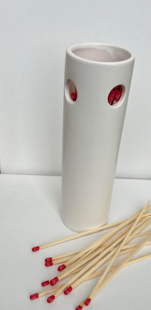 White Ceramic Fireplace Match Holder with Striker Pad, 50 8" Red Tip Matches. Reusable, Refillable. Decorative - Set of 50