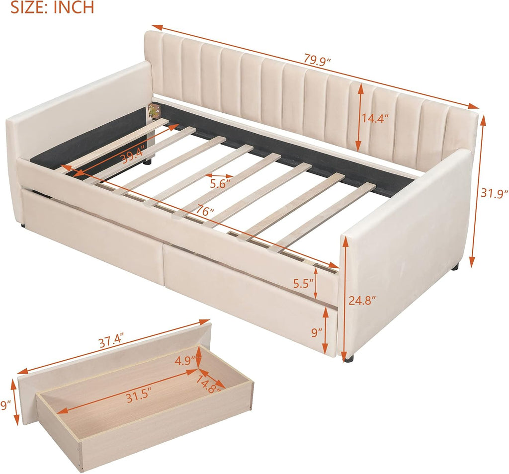 Upholstered Daybed with 2 Drawers, Twin Size Bed Frame with Storage and Wood Slat Support, Beige