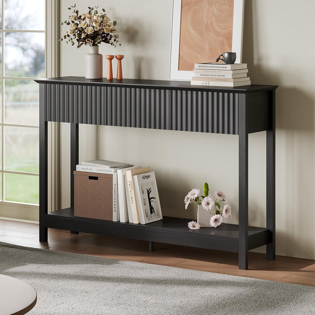 47" Fluted Console Table with 3 Drawers, Narrow Long Entryway Table with Storage and Shelf, 2-Tier Sofa Table Behind