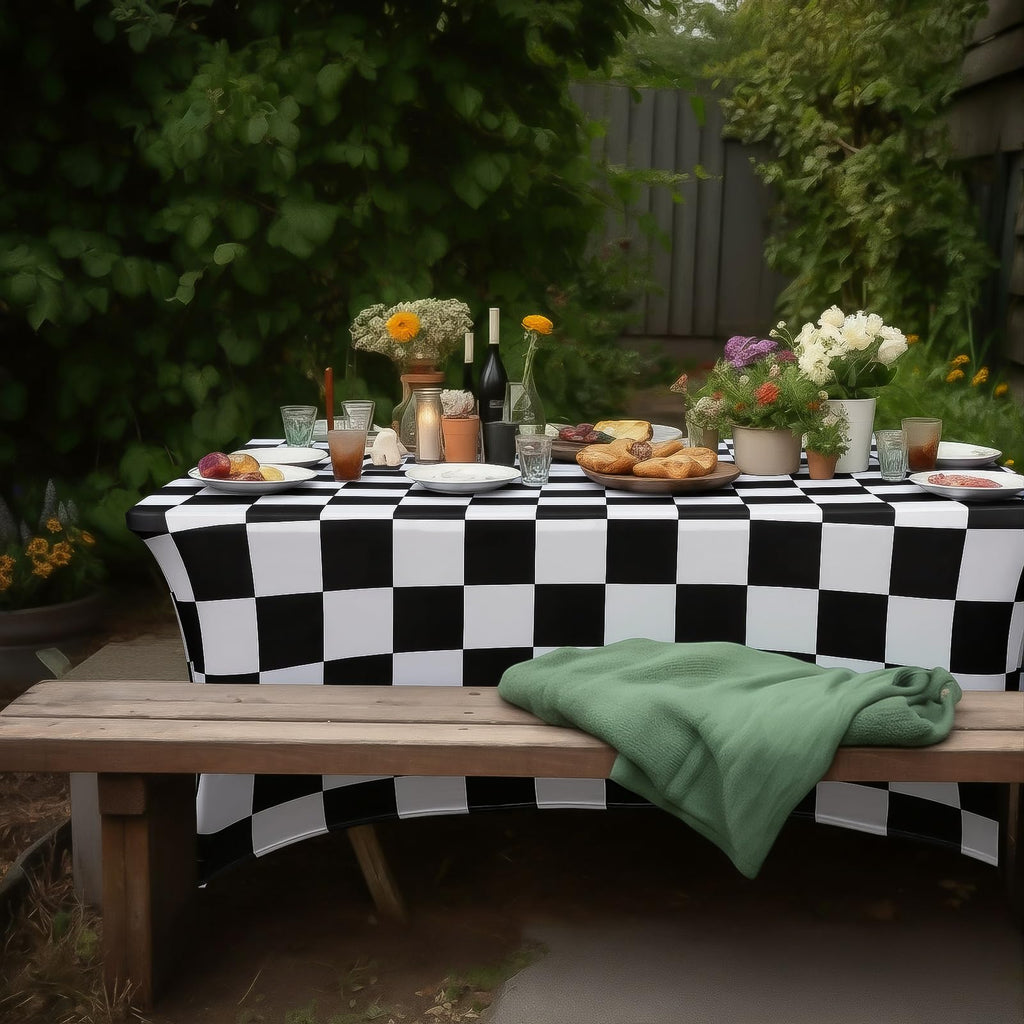 2 Pack 6ft Rectangular Spandex Tablecloth, Black White Checkered