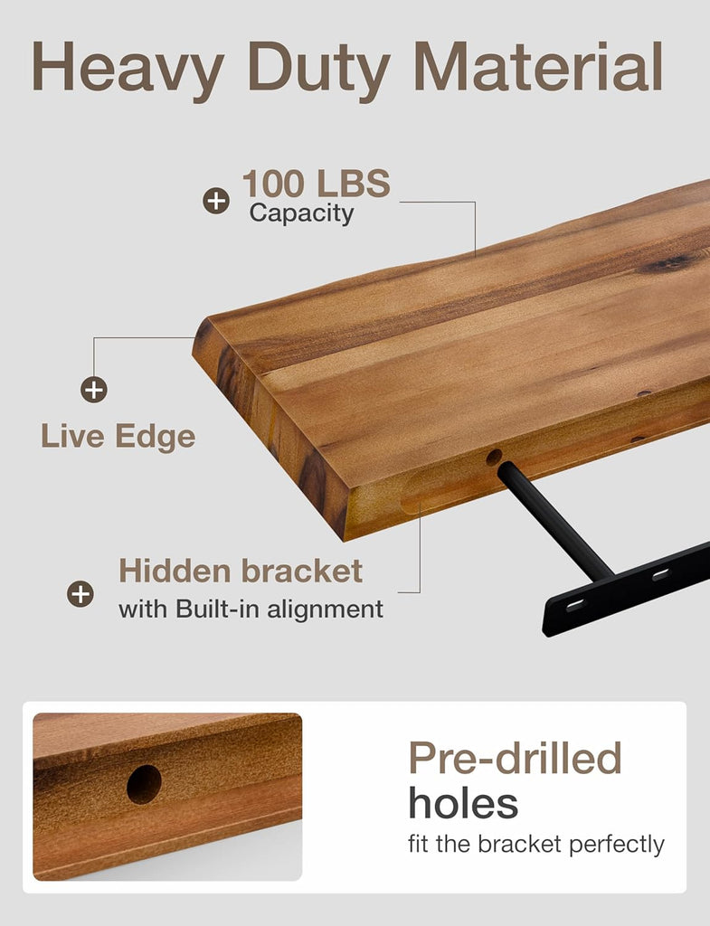 17" Acacia Live Edge Floating Shelves, Wooden Floating Shelves for Wall - Set of 2 Floating Book Shelves, Book Shelf